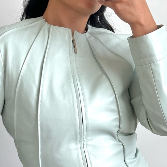 VINTAGE Y2K MOTO STYLE PASTEL BLUE GENUINE LEATHER JACKET Size/8 - Picture 2 of 11